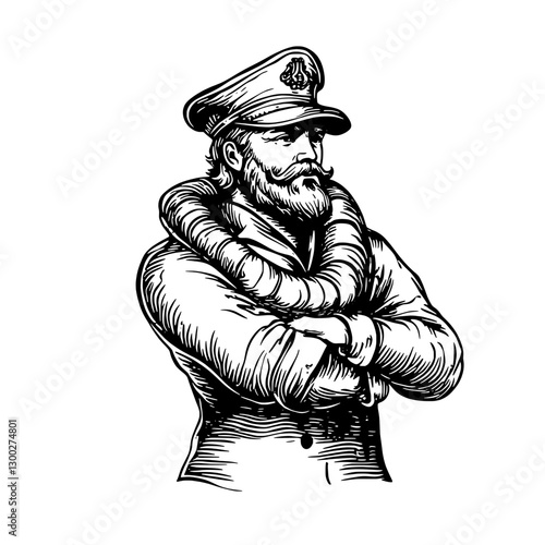 Engraved illustration of a confident captain in nautical attire with a rope around his neck