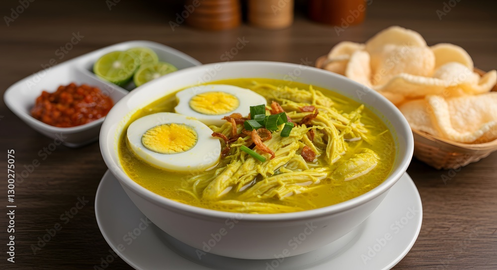 Serving Chicken Soto Soup with Egg, Lime, Chili and Crackers Serving Chicken Soto Soup with Egg, Lime, Chili and Crackers