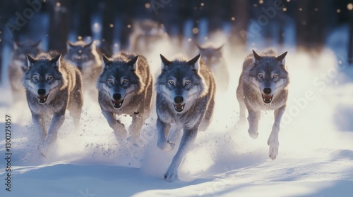 A pack of wolves sprinting through a snowy forest, creating a mist of snowflakes in the air