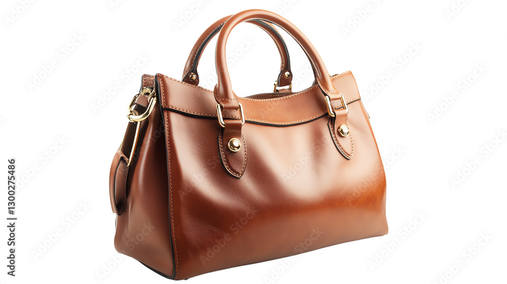 Stylish brown leather handbag on display. Stylish brown leather handbag on display.