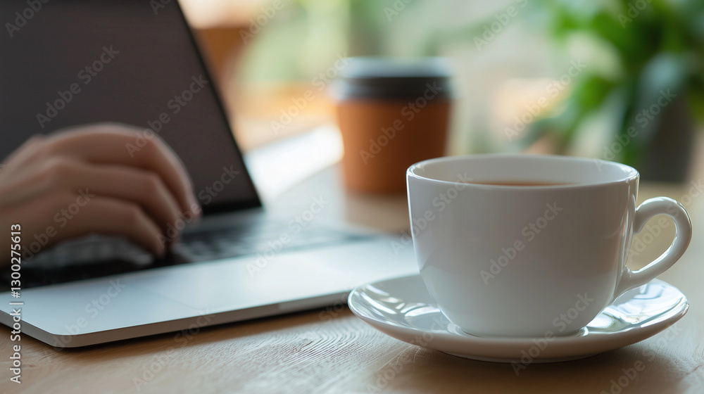 Freelancer enjoying tea break while reviewing work documents Freelancer enjoying tea break while reviewing work documents