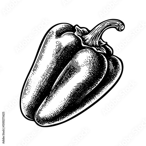 Engraved illustration of a bell pepper showcasing detailed textures and shape