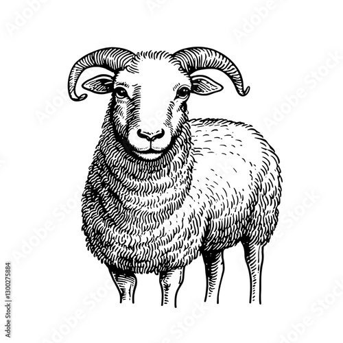 Vector engraved illustration of a detailed sheep in a natural setting showcasing its distinctive horns and wool