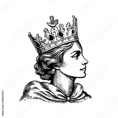 Elegant queen portrait showcasing intricately detailed crown and cloak in classic vector engraving style