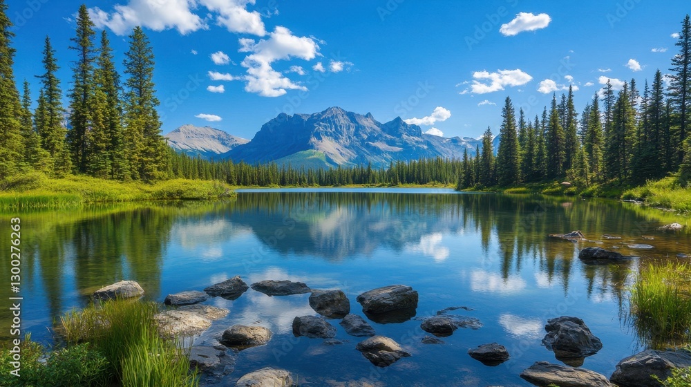 Fototapeta premium A tranquil mountain landscape showcasing a clear lake reflecting the sky and surrounding forest. The scene exudes peace, natural beauty, and escape into nature.