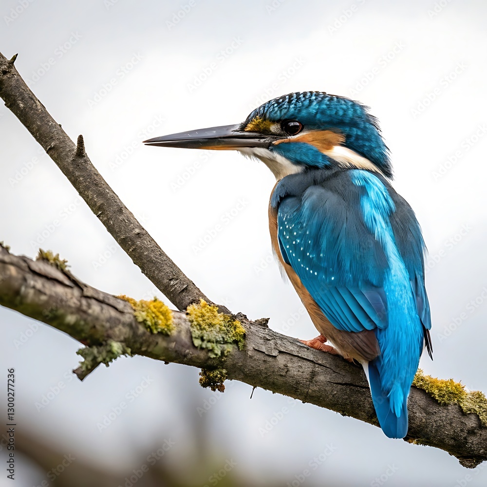 Fototapeta premium vibrant kingfisher perched on a tree branch against a neutral background showcasing its brilliant blue feathers