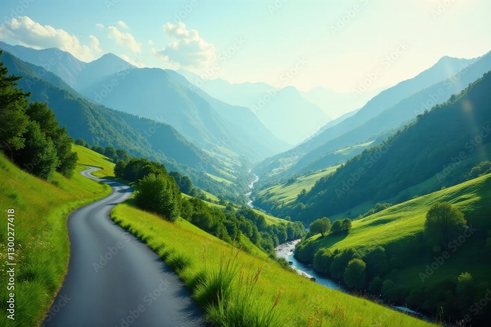 Obraz premium Serene Mountain Road Winding Through Verdant Valley Beside a Gently Flowing River