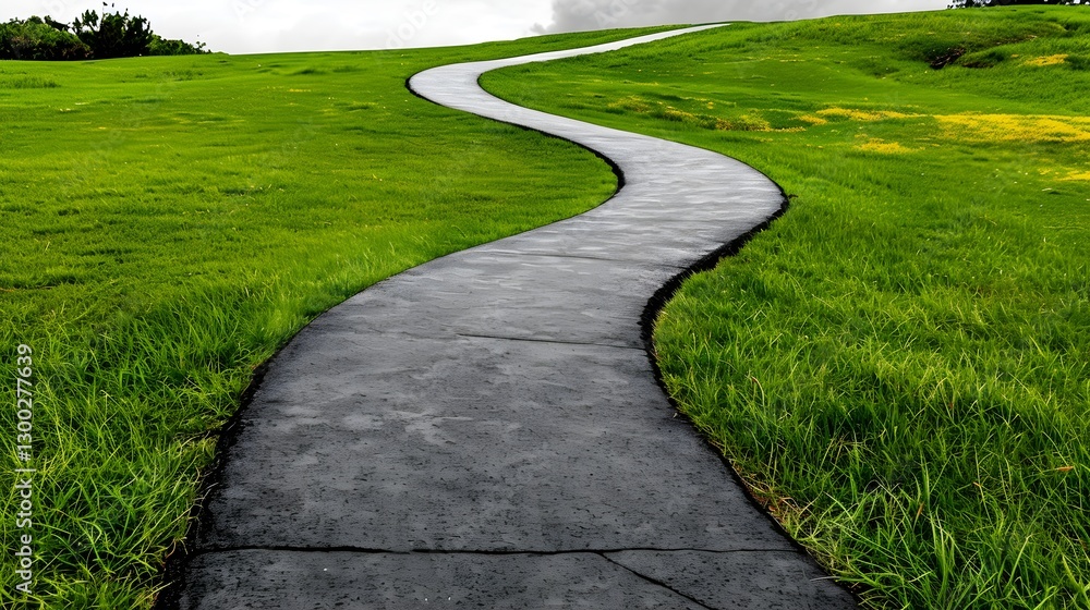 Naklejka premium Curved Pathway Through Lush Green Landscape Under Cloudy Sky