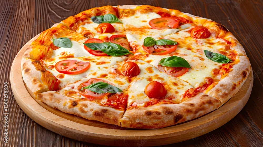 Freshly Made Margherita Pizza with Tomatoes and Basil Leaves Freshly Made Margherita Pizza with Tomatoes and Basil Leaves
