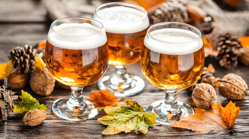 Refreshing Beer Glasses Surrounded by Autumn Leaves and Nuts Refreshing Beer Glasses Surrounded by Autumn Leaves and Nuts