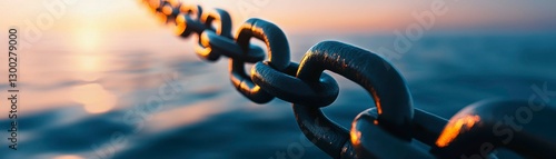 Steel Chain Links Reflecting Sunlight on the Water Surface Strength and Connection Metaphor photo