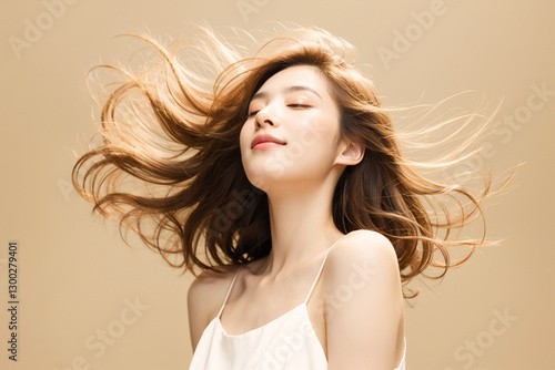 Headshot of a woman with her eyes closed and her hair blowing softly in the wind, AI generated