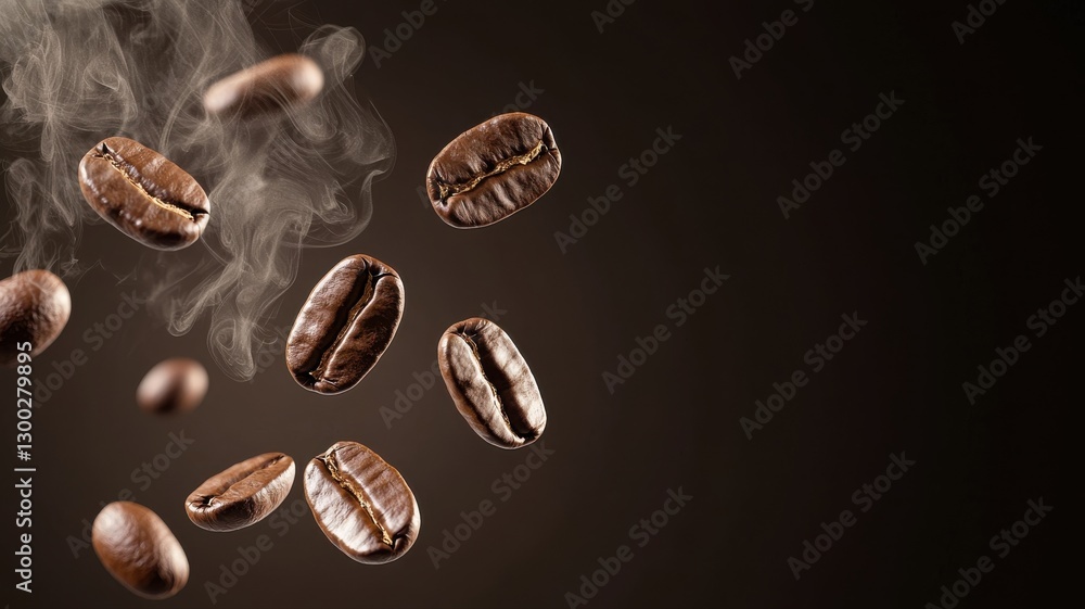 Close-up of steaming coffee beans in mid-air against dark background, illustrating freshness and aroma. Close-up of steaming coffee beans in mid-air against dark background, illustrating freshness and aroma.