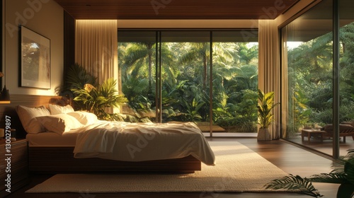 Modern Minimalist Bedroom with Tropical Jungle View