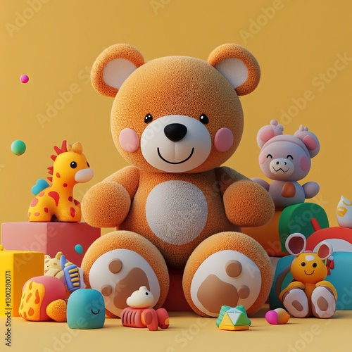 Playful Teddy Bear: A cute and cuddly teddy bear surrounded by an array of colorful toys, embodying childlike joy and imagination.