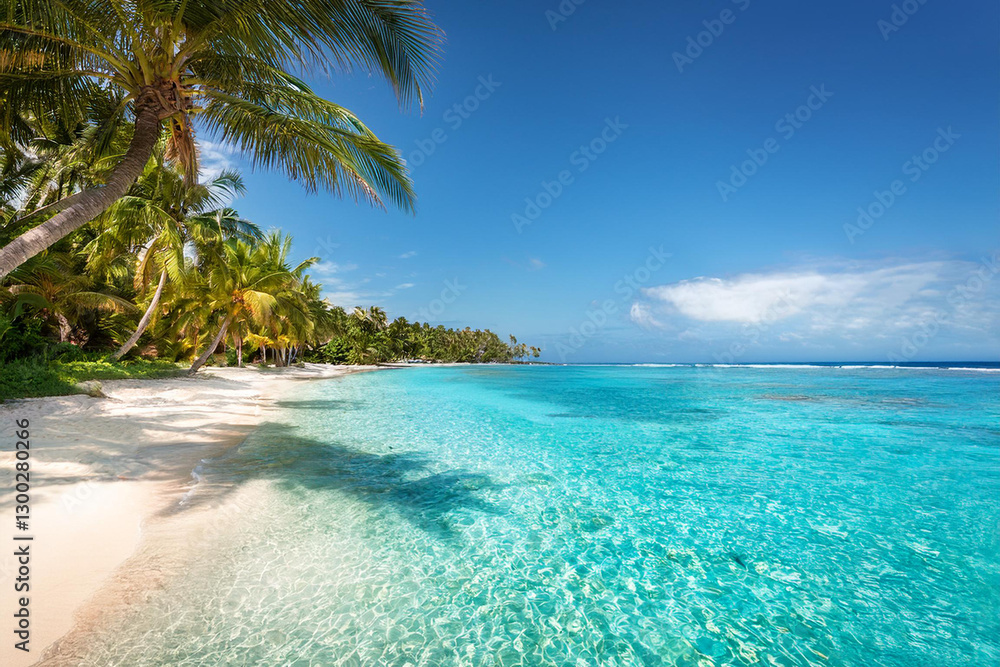Idyllic Tropical Beach with Clear Turquoise Waters and Leaning Palm Trees Idyllic Tropical Beach with Clear Turquoise Waters and Leaning Palm Trees