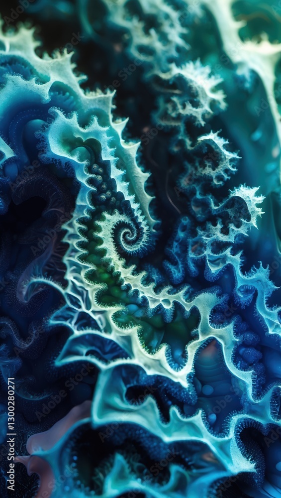 Obraz premium Blue Green Spiral Fractal. Abstract flowing forms showing complex geometry, spirals and fractal patterns. Decorative design in light and dark colors.