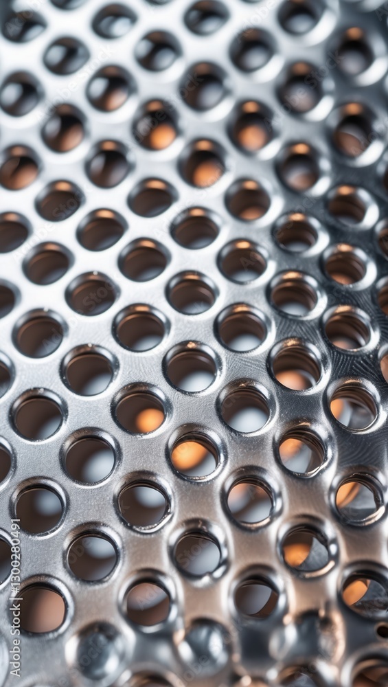 Silver metal sheet with circle holes pattern. Metal background with light reflecting through holes. Steel texture with regular spaced opening. Silver metal sheet with circle holes pattern. Metal background with light reflecting through holes. Steel texture with regular spaced opening.
