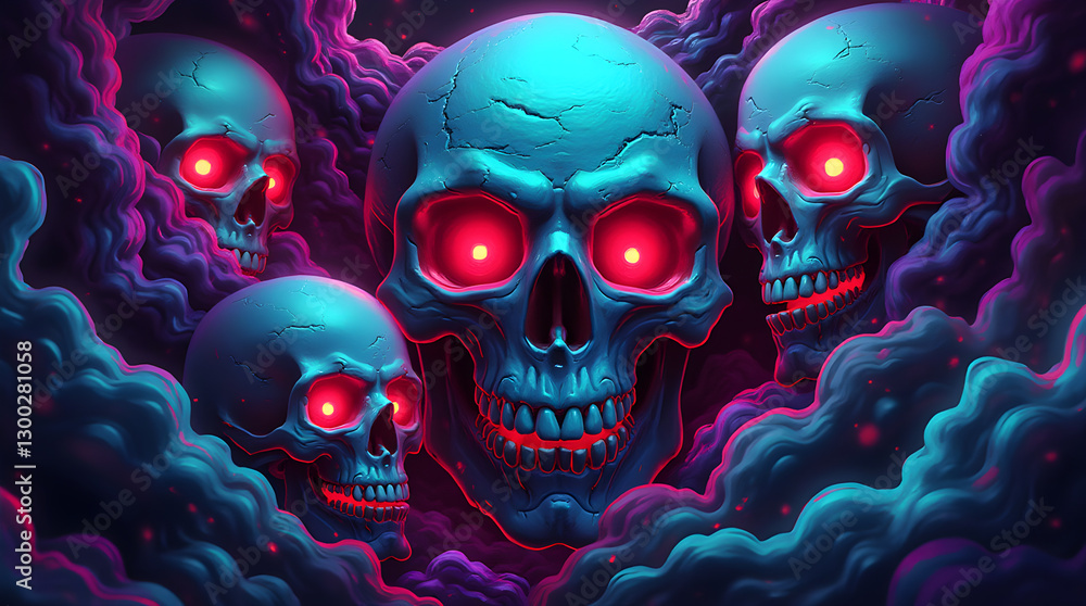 Gothic Red Eyed Skulls in Dark Neon Smoke Clouds Gothic Red Eyed Skulls in Dark Neon Smoke Clouds