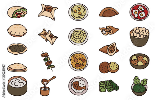 Middle Eastern food in colorful line icon style