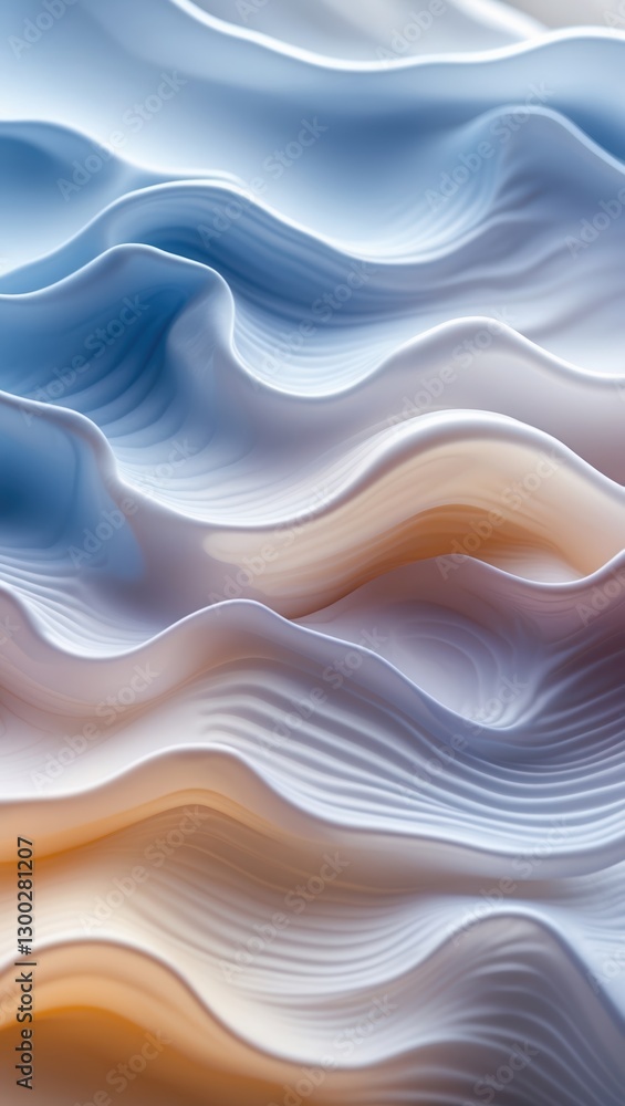 Fototapeta premium Abstract waves background. Light blue, white and peach smooth shapes create undulation and a calming effect. Fine lines add texture to surface.