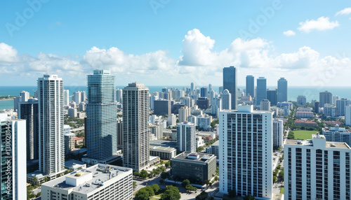 Vibrant Miami skyline under sunny skies, urban panorama