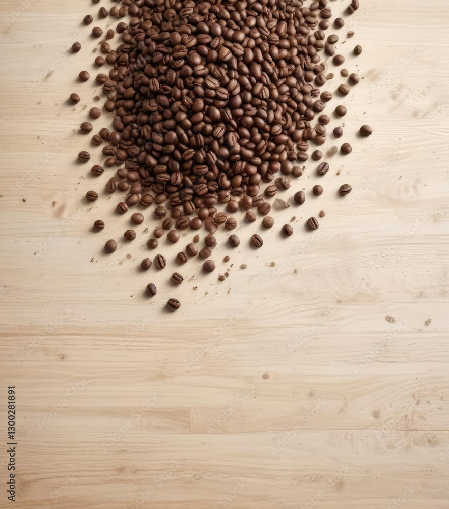 Coffee beans scattered on a wooden table with a large white area for creative composition, background, coffee table Coffee beans scattered on a wooden table with a large white area for creative composition, background, coffee table