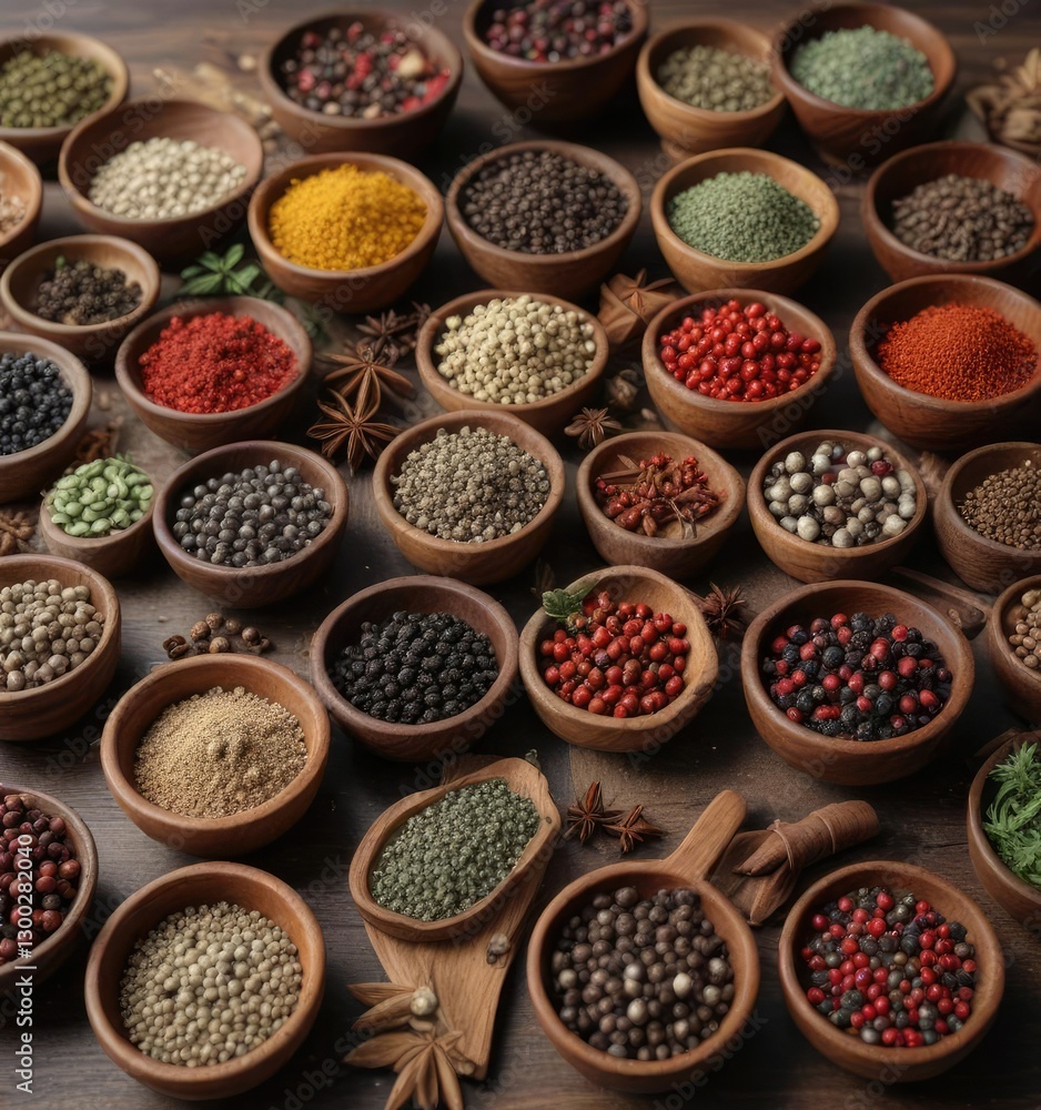 Collection of wooden bowls with an assortment of peppercorns and spices, cooking ingredients, seasoning mix Collection of wooden bowls with an assortment of peppercorns and spices, cooking ingredients, seasoning mix