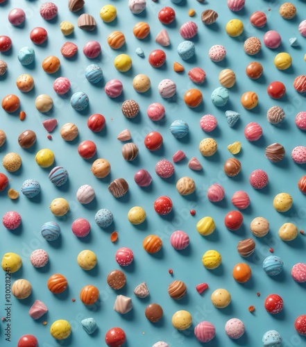 Colorful candy coated chocolates scattered across a light blue surface in a playful and whimsical manner , colorful sweets, confectionery