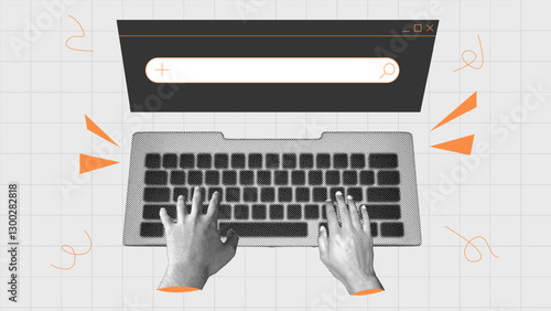 Halftone collage of human hands typing on a keyboard, symbolizing AI prompting, human-AI collaboration, creativity, and digital interaction