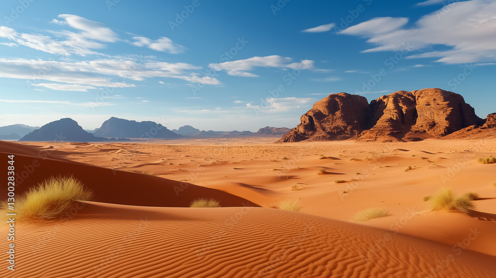 Naklejka premium Golden sand dunes seamlessly blend with the clear blue sky, dotted with wispy clouds