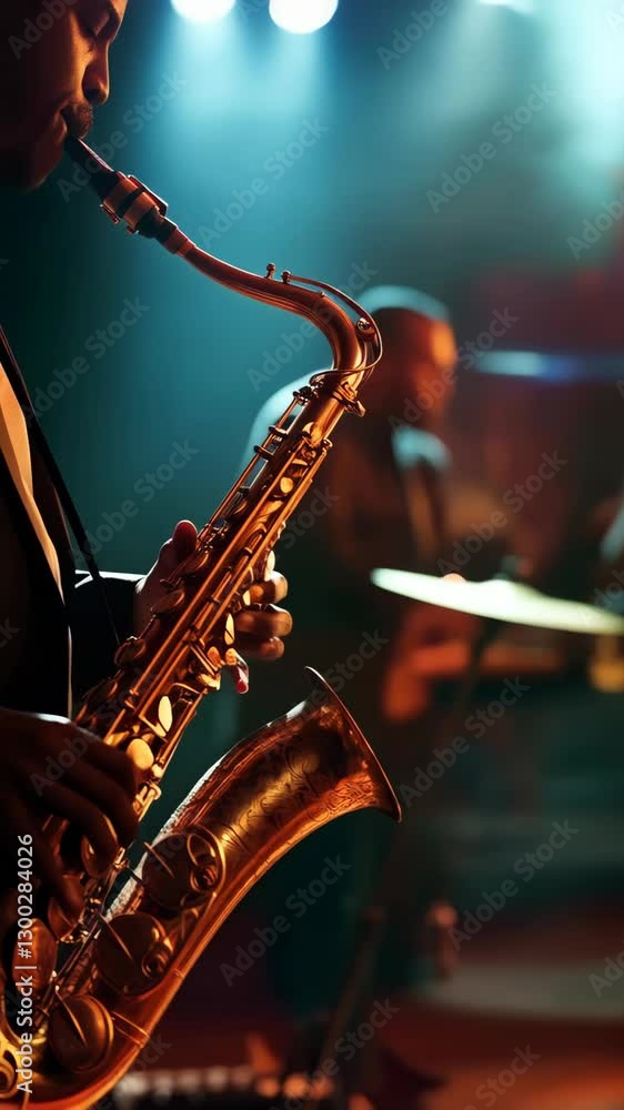Jazz musicians in a band playing on the stage of a jazz club, hot atmosphere