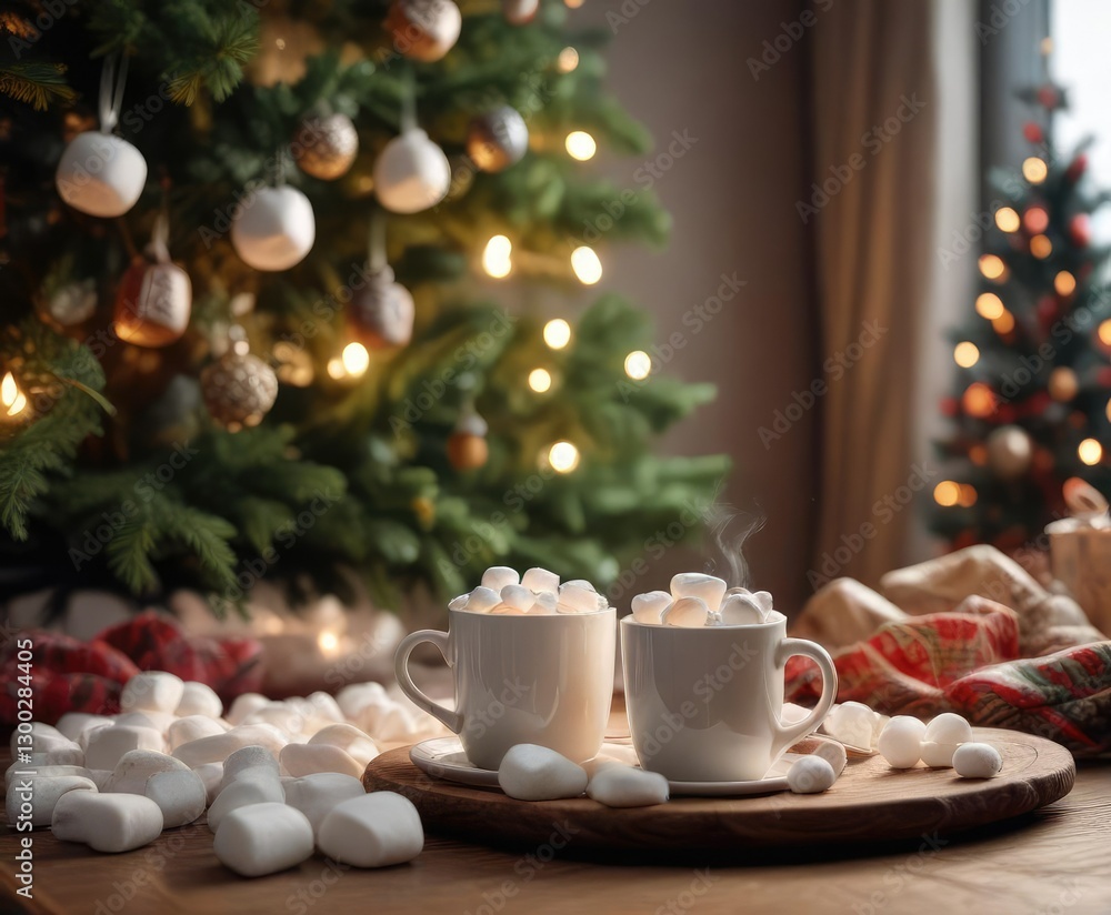 Cozy winter scene with a steaming cup of coffee and marshmallows near a Christmas tree, coffee, berries, festive Cozy winter scene with a steaming cup of coffee and marshmallows near a Christmas tree, coffee, berries, festive