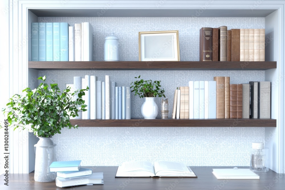 Fototapeta premium Modern Home Office Bookshelf Background for Zoom Meeting and Online Presentation