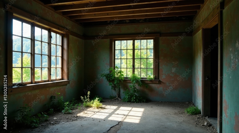 Obraz premium Sunlit Room in an Abandoned Structure, Overgrown with Vegetation and Showing the Passage of Time