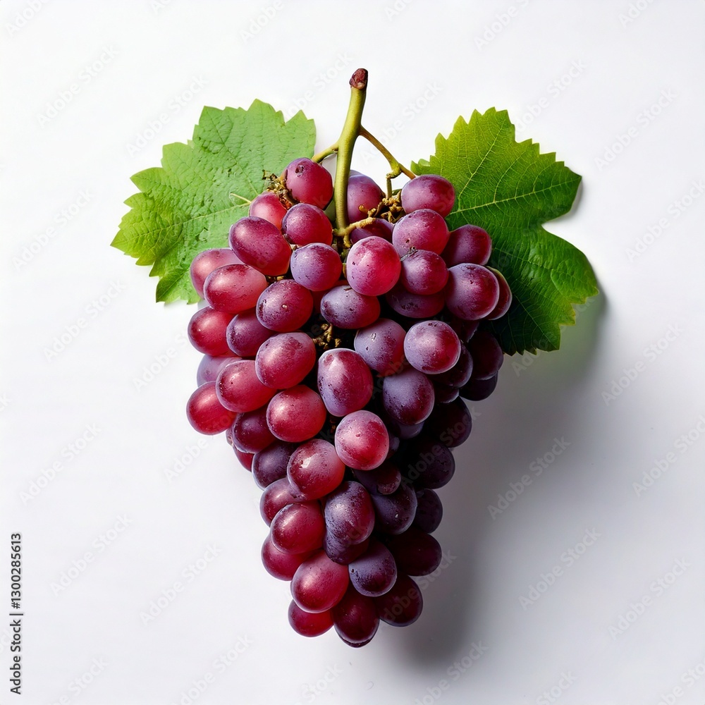 Fototapeta premium Fresh Purple Grapes with Green Leaves on White