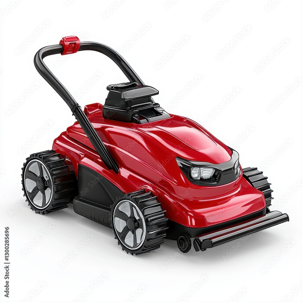 Bright red lawn mower positioned on a lush green lawn ready to deliver efficient lawn care and garden maintenance Bright red lawn mower positioned on a lush green lawn ready to deliver efficient lawn care and garden maintenance