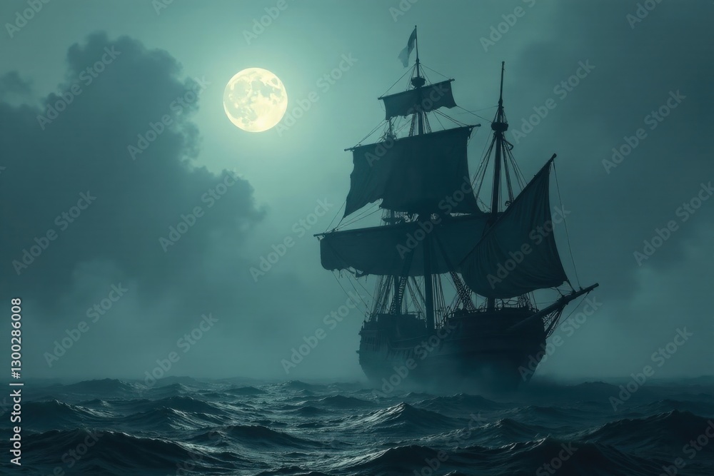 Fototapeta premium A lone sailing vessel navigates a moonlit, tempestuous sea under a brooding sky, its silhouette a mystery against the dark waves.