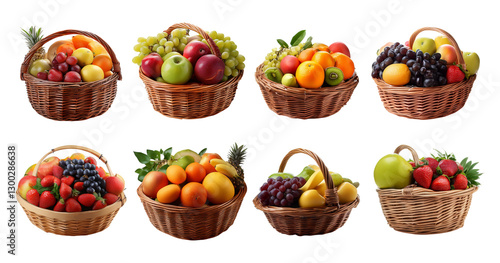 Fresh and Colorful Fruit Baskets Displaying Various Seasonal Fruits, Bundle Set Collection, Isolated on Transparent Background