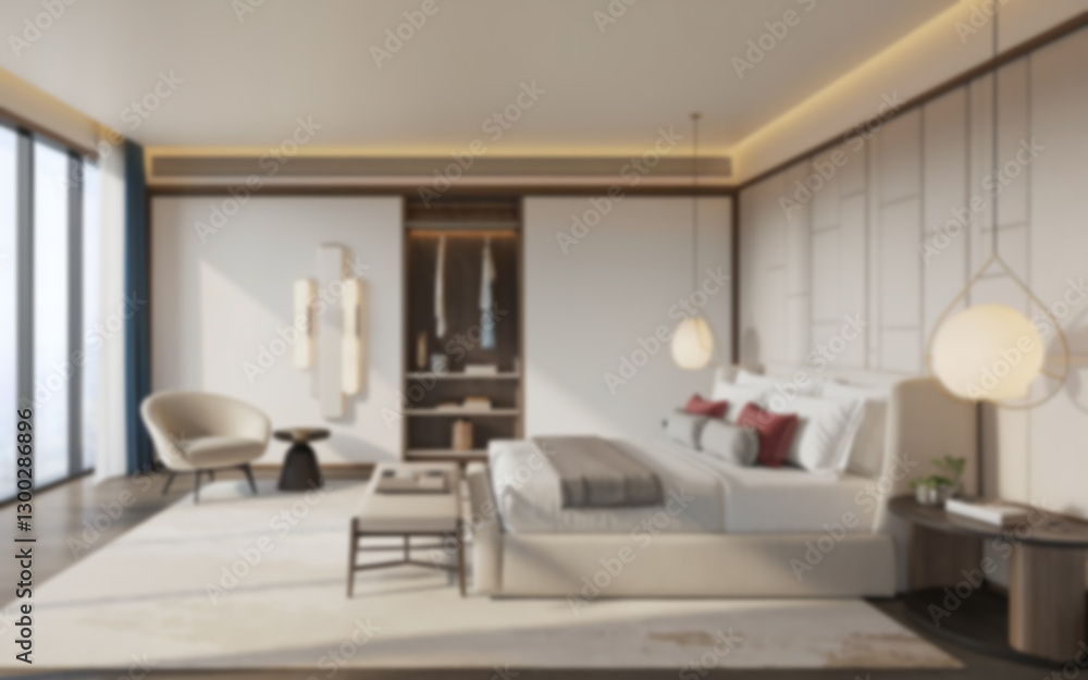 Fototapeta premium A blurred luxury contemporary living room with marble floors, ideal for virtual Zoom meeting video call backgrounds or wallpapers.