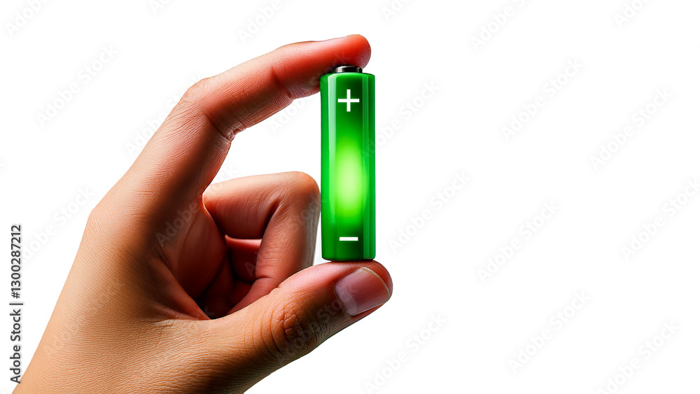 Green renewable energy storage concept: hand holding green AA battery Green renewable energy storage concept: hand holding green AA battery