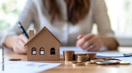 Mortgage Planning: Woman Signing Documents with House Model and Coins
