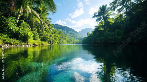 Clear waters reflect the vibrant blues and greens of nature, surrounded by rich foliage and diverse wildlife