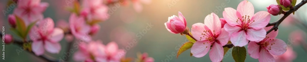 Fototapeta premium Delicate pink blossom with green leaf clusters, pink blossoms, floral arrangements