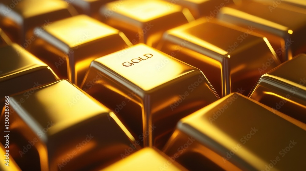Close-up view of shiny gold bars stacked in a stack, without inscriptions