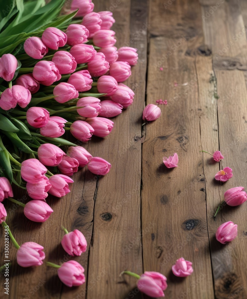 Delicate pink tulips scattered across a rustic wooden table or surface, delicate, flowers, petals Delicate pink tulips scattered across a rustic wooden table or surface, delicate, flowers, petals