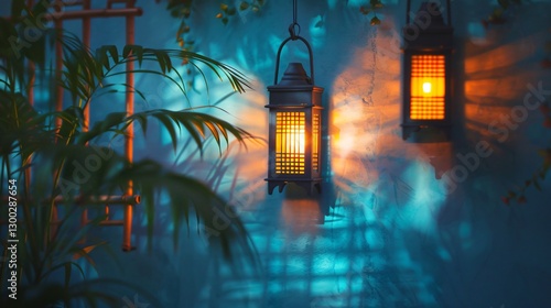 A cobalt-hued backdrop featuring a lantern, with another lantern positioned at its center