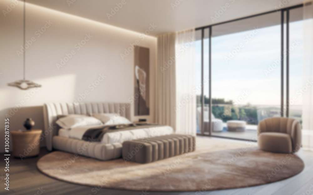 Fototapeta premium A blurred luxury modern bedroom and living room interior, ideal for virtual Zoom meeting video call backgrounds or wallpapers.