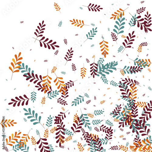 Green Plant Background White Vector. Foliage September Illustration. Golden Leaves. Yellow Herb Fly. Silhouette Frame.