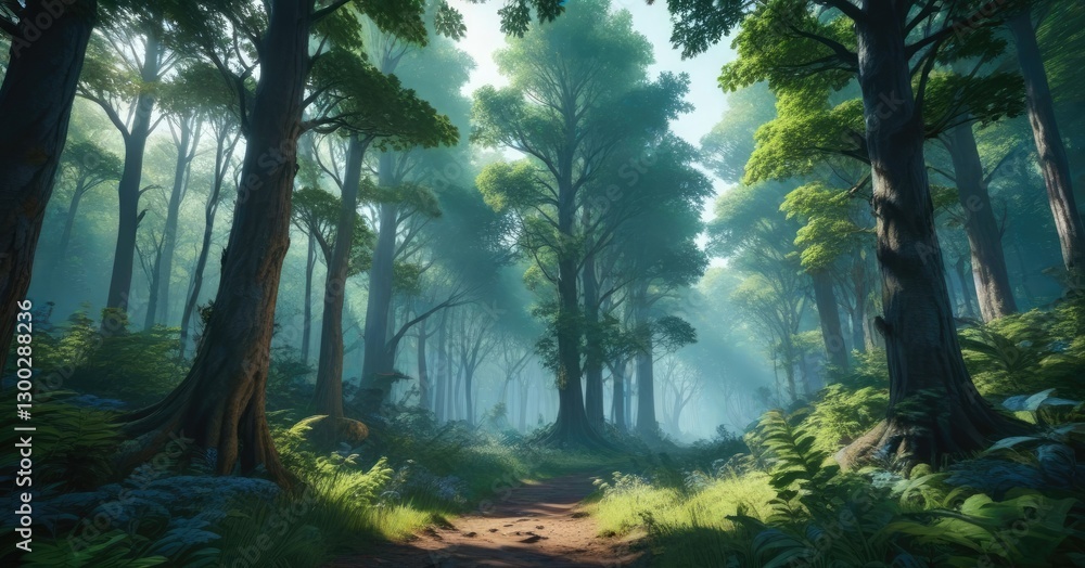 Fototapeta premium Dense foliage in blue forest with towering trees and lush greenery, forest landscape, tall trees, natural beauty